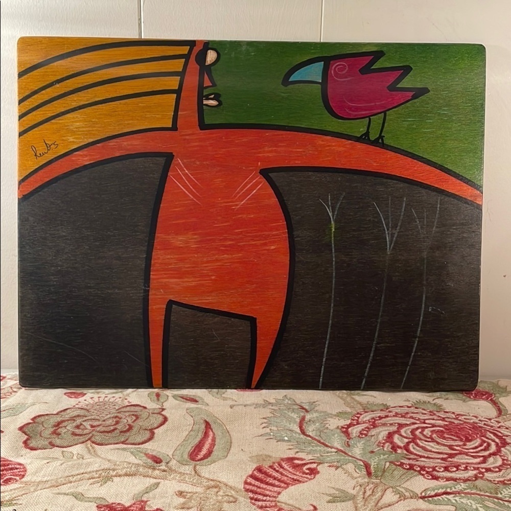 Kakadu Signed Wooden Hand Painted Vibrant Colored Exaggerate Person and Bird